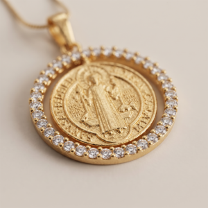 Colar medalha de São Bento com zircônias banhado a ouro 18k hipoalergênico com acabamento delicado.