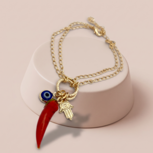 Pulseira patuá com amuletos de proteção banho ouro 18k hipoalergênica