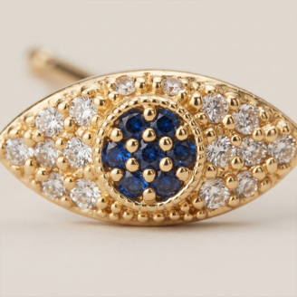 Brinco olho com zircônias azul e transparente banho ouro 18k hipoalergênico