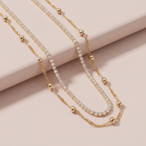 Colar duplo com zircônias e esferas banho ouro 18k hipoalergênico