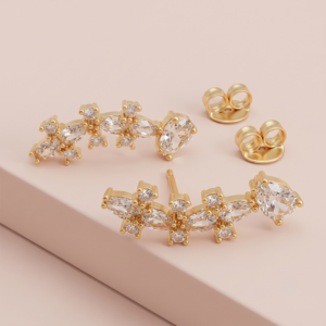 Brinco floral com zircônias e gota cristal banho ouro 18k semijoia hipoalergênica
