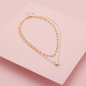 Colar duplo com ponto de luz e esferas banho ouro 18k hipoalergênico para mulheres