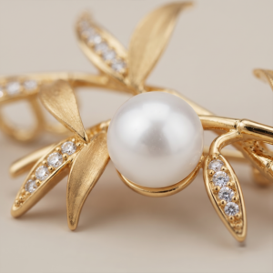 Broche pérola com folhas e zircônias banho ouro 18k hipoalergênico