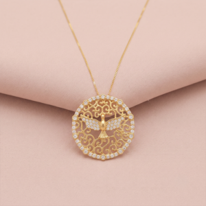 Colar Árvore da Vida com Divino Espírito Santo e zircônias banho ouro 18k hipoalergênico