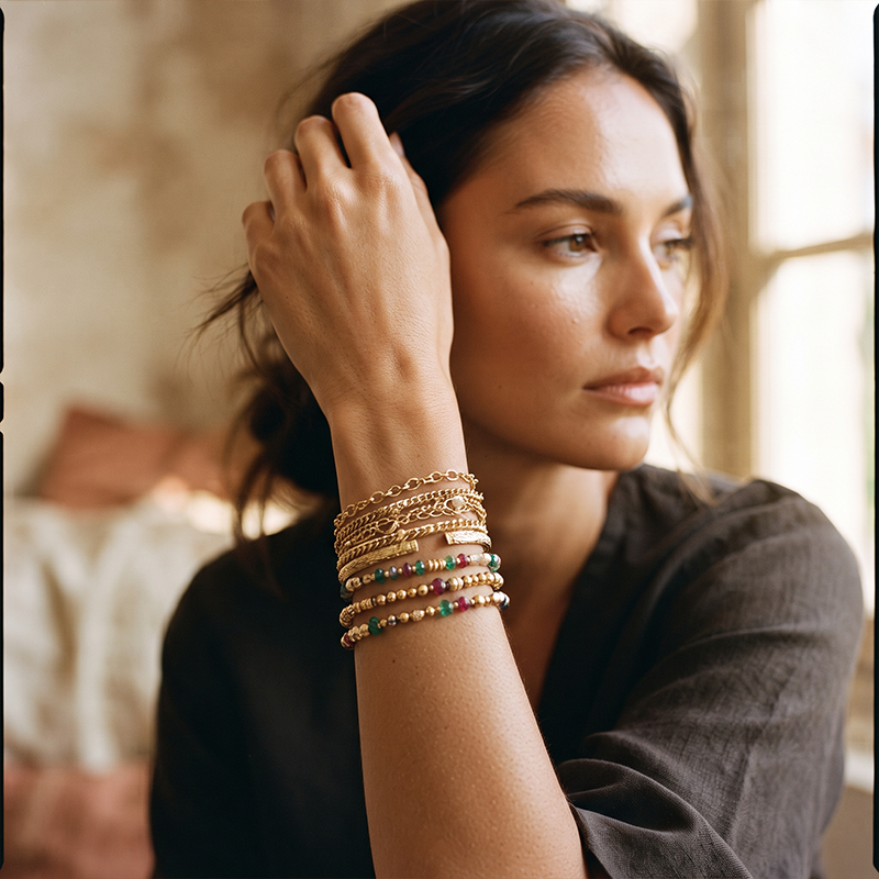 Pulso usando pulseira folheada a ouro em close-up